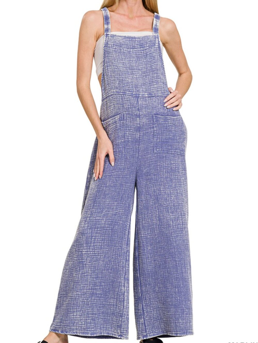 Washed Double Gauze Elastic Waist Wide Overalls in Marlin